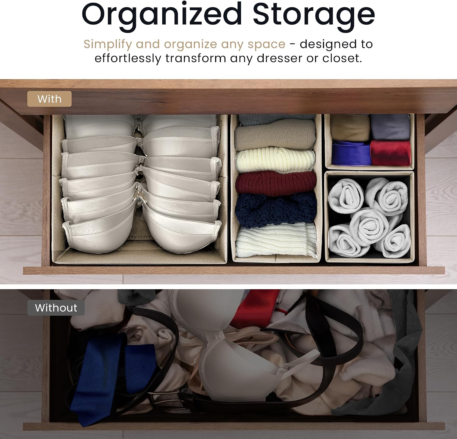 Reli. Drawer Organizers Clothes 14 Pack | Foldable Dresser Drawer Organizer | Beige Dresser Drawer Organizers | Fabric Drawer Dividers, Foldable Closet Storage Bins, Socks, Underwear, Ties, Bras, Nursery