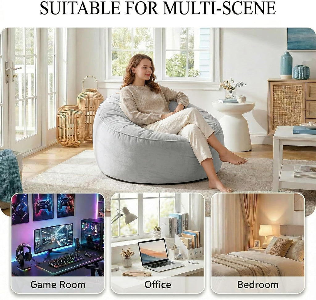 Bean Bag Chair for Adults, High-Density Memory Foam Beanbag Chair with Removable Washable Velvet Cover, Fast Rebound Fluffy Lazy Sofa Couch for Living Room & Bedroom