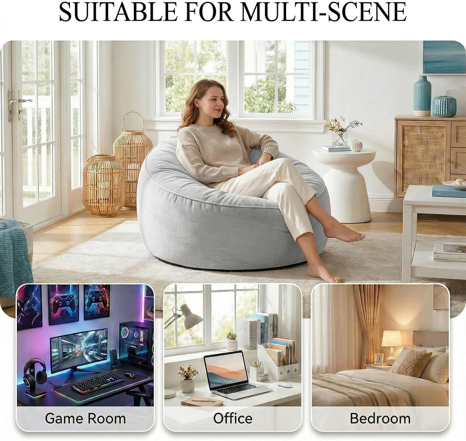 Bean Bag Chair for Adults, High-Density Memory Foam Beanbag Chair with Removable Washable Velvet Cover, Fast Rebound Fluffy Lazy Sofa Couch for Living Room & Bedroom
