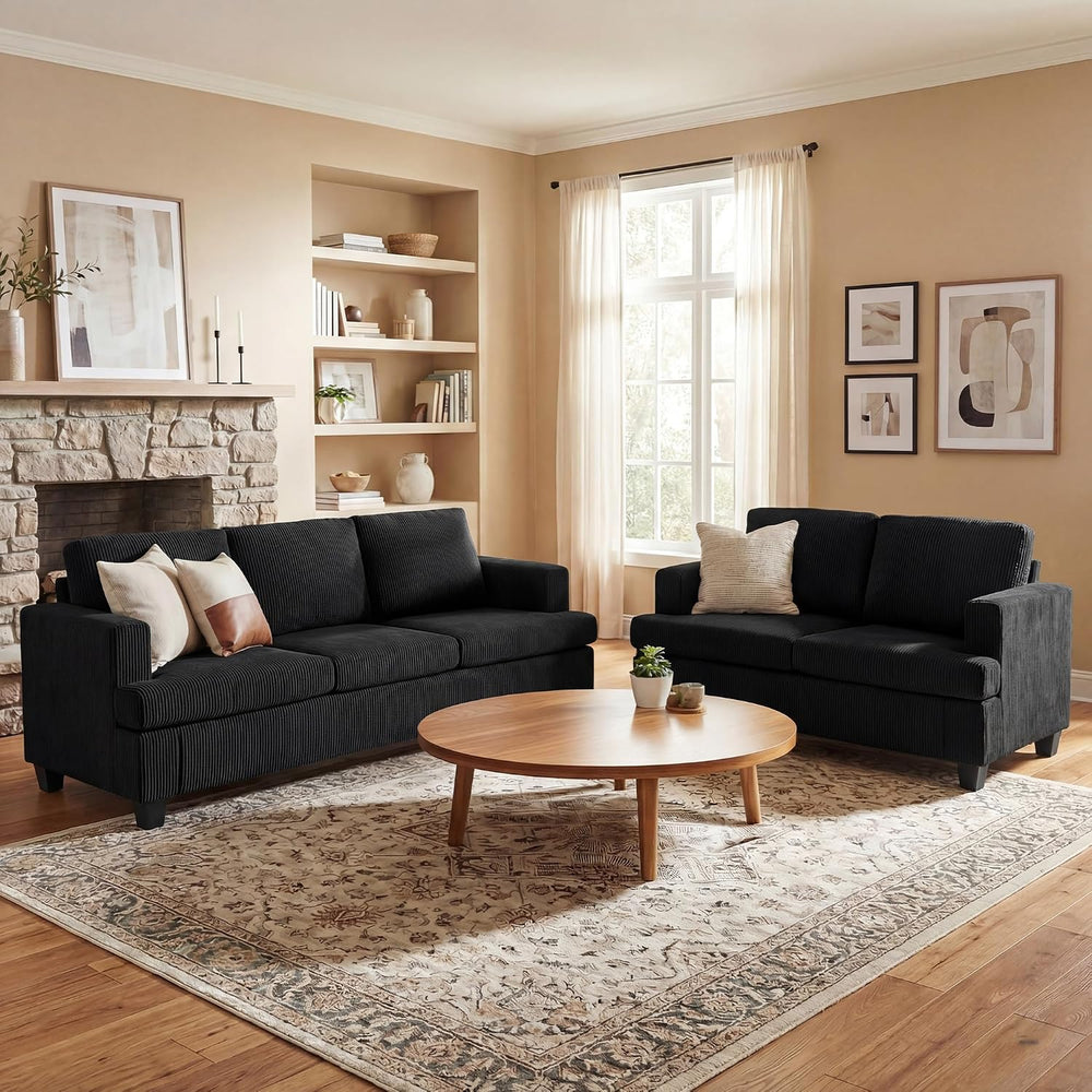 2 Pieces Corduroy Couch Set for Living Room, Black Cloud Sofa, Deep Seat Floo...
