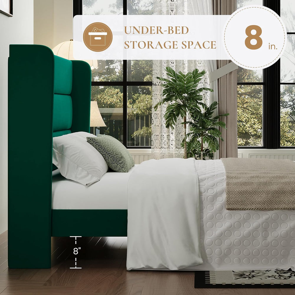 SHA CERLIN King Size Velvet Bed Frame with Wingback Headboard/Upholstered Pla...