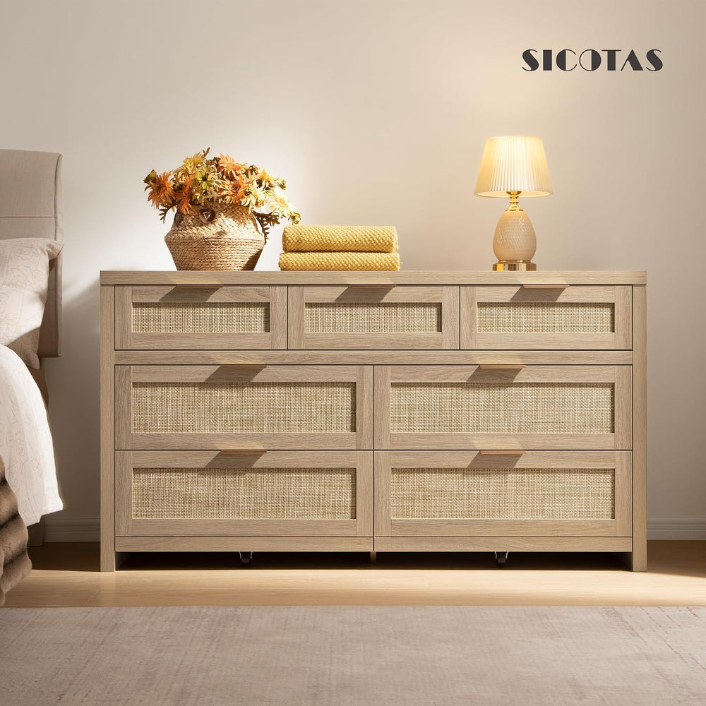 SICOTAS 7 Drawer Dressers for Bedroom Set 2, Long Rattan Dresser, Dresser TV ...