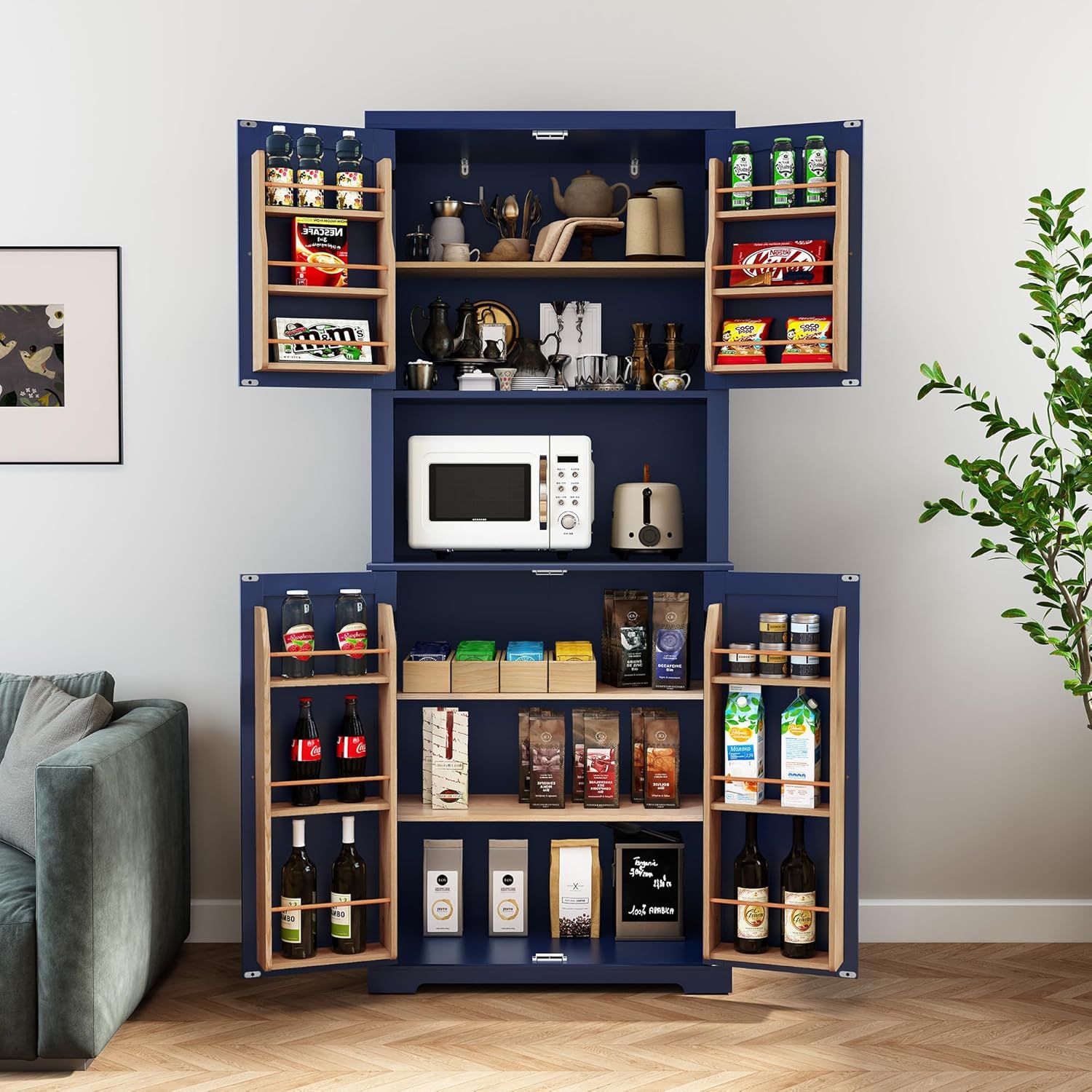 HLR 72" Kitchen Pantry Storage Cabinet with Open Countertop, Freestanding Larder Cupboard with Microwave Stand, Utility Laundry Room Storage Cabinet with Doors and Shelves for Dining Room, Living Room
