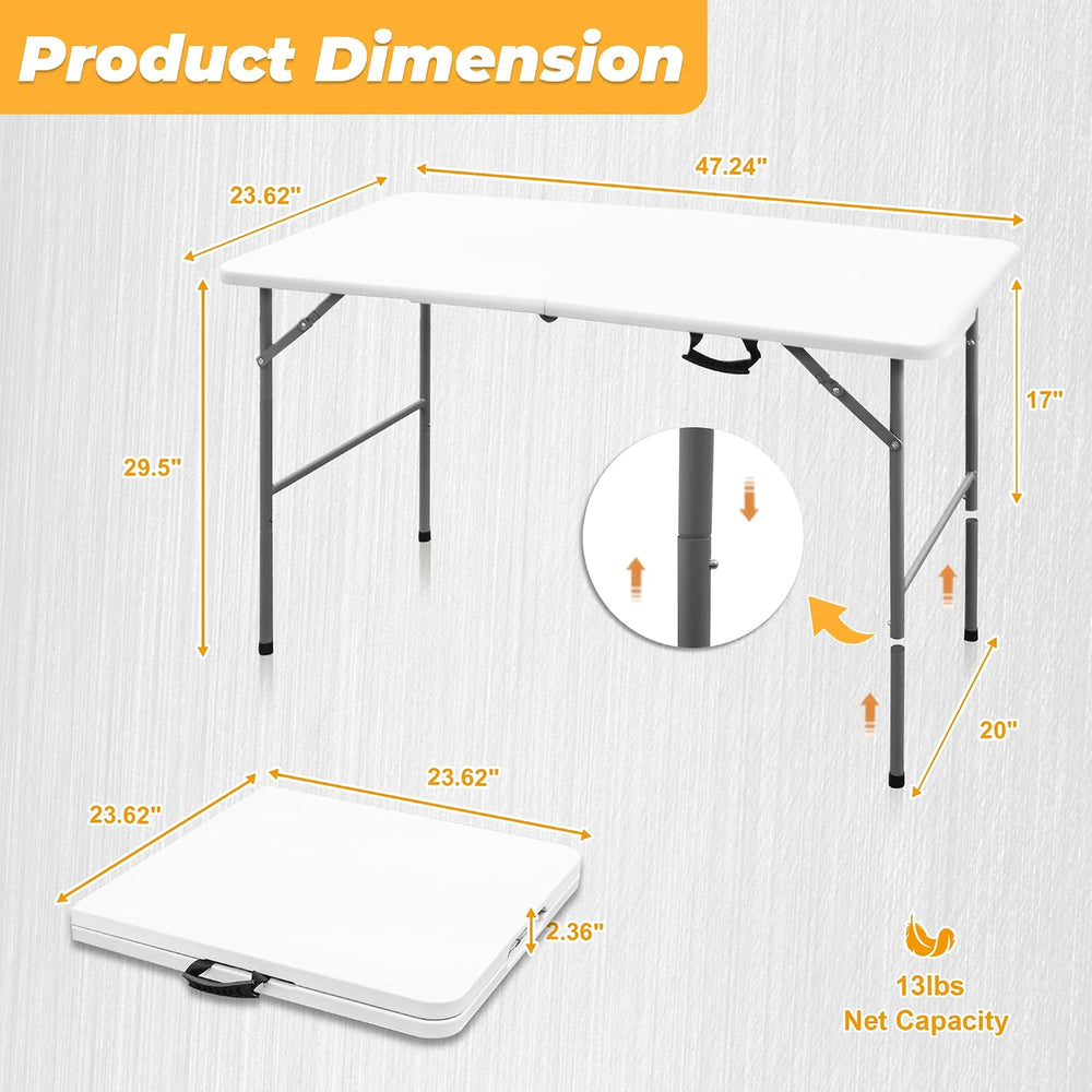 4ft Portable Folding Table, Indoor Outdoor Plastic Dining Table w/Handle, Fol...