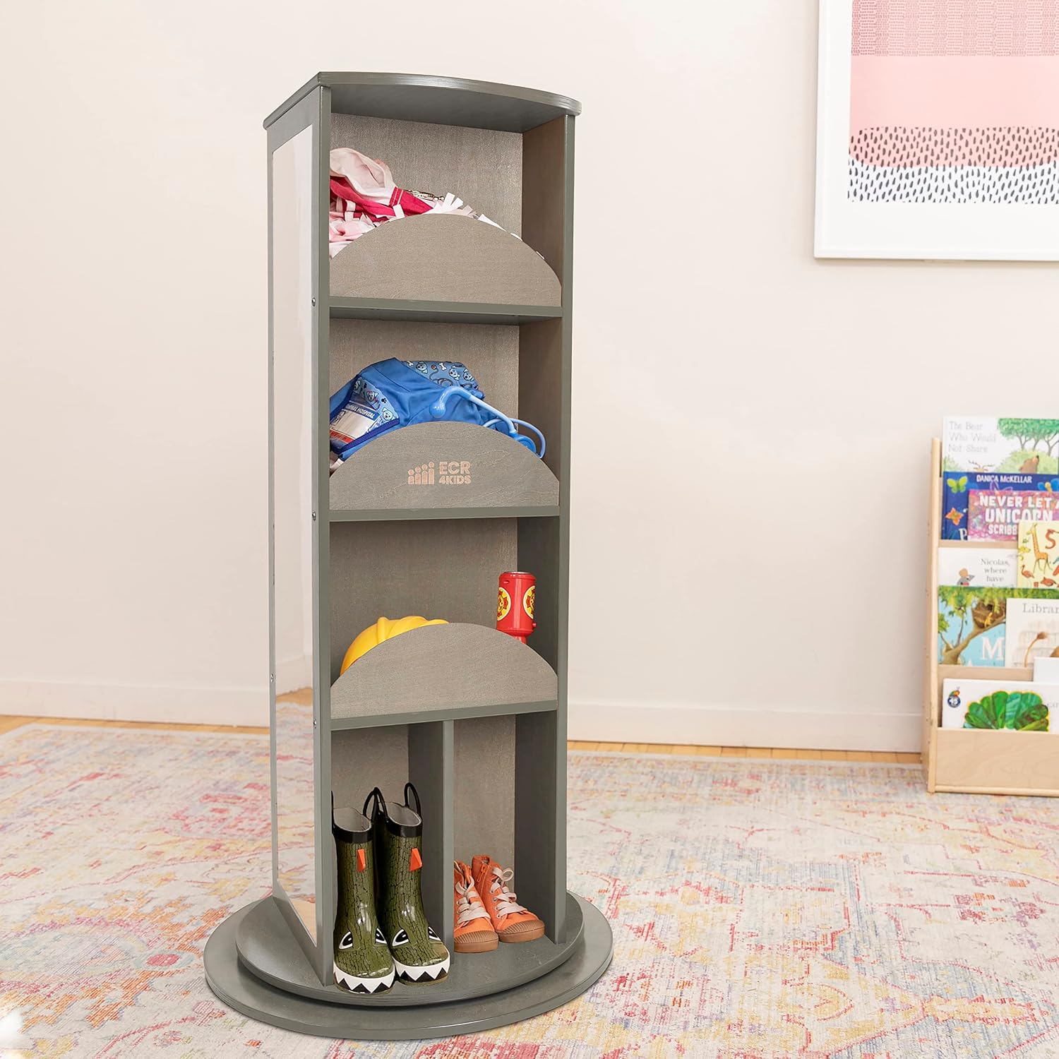 ECR4Kids Rotating Dress-Up Carousel Costume Organizer, Montessori Furniture, Grey Wash