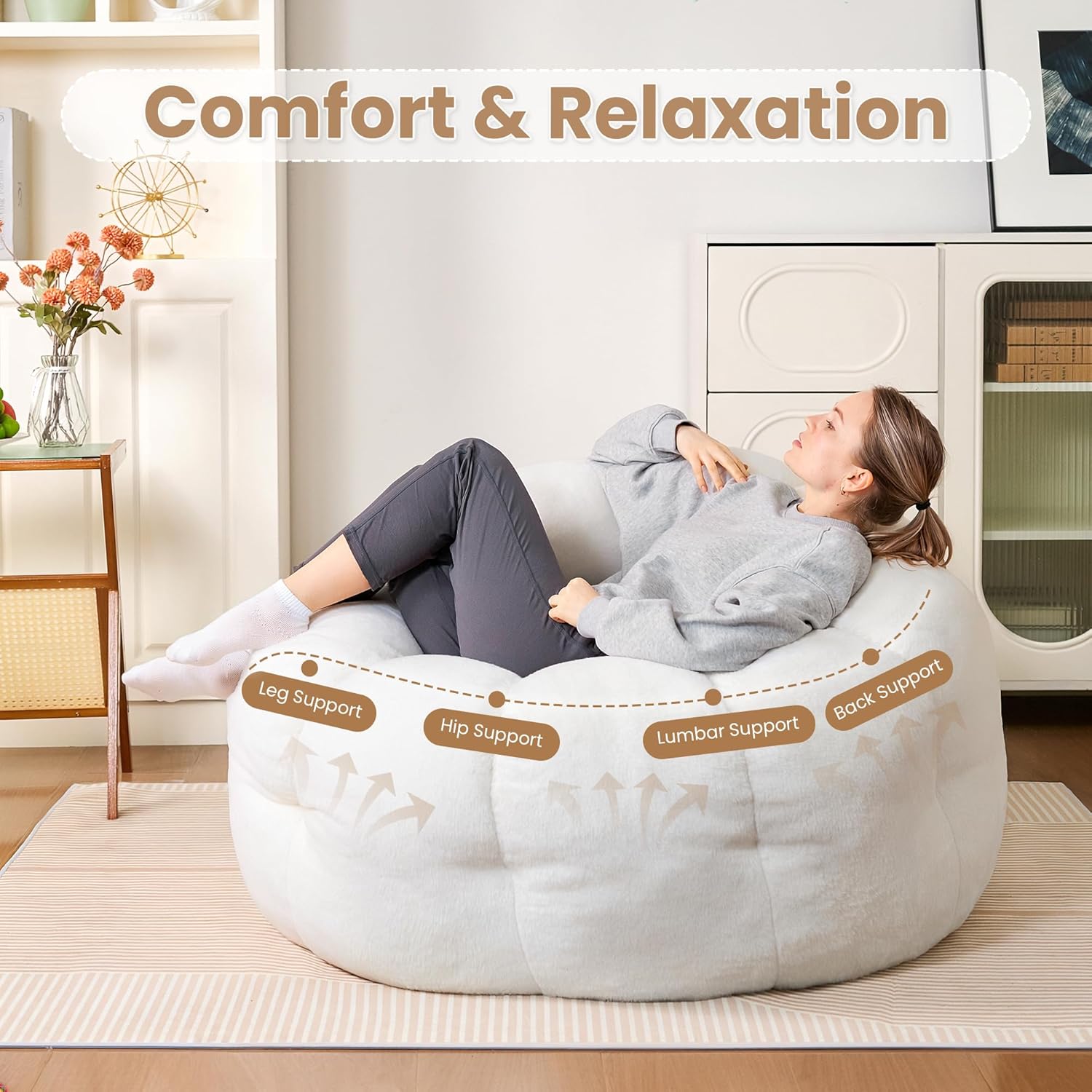 Flower Bean Bag Chair for Teens and Young Adults, Soft Faux Fur Floor Seating with Memory Foam, Aesthetic Room Decor Cozy Lounger for College Dorm, White