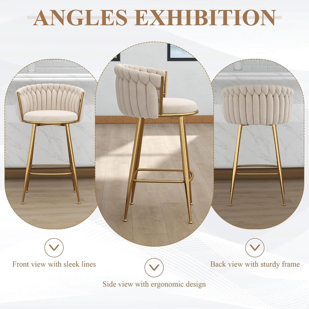 Beige Velvet Bar Stool Set of 2, 27" Counter Height with Woven Backrest