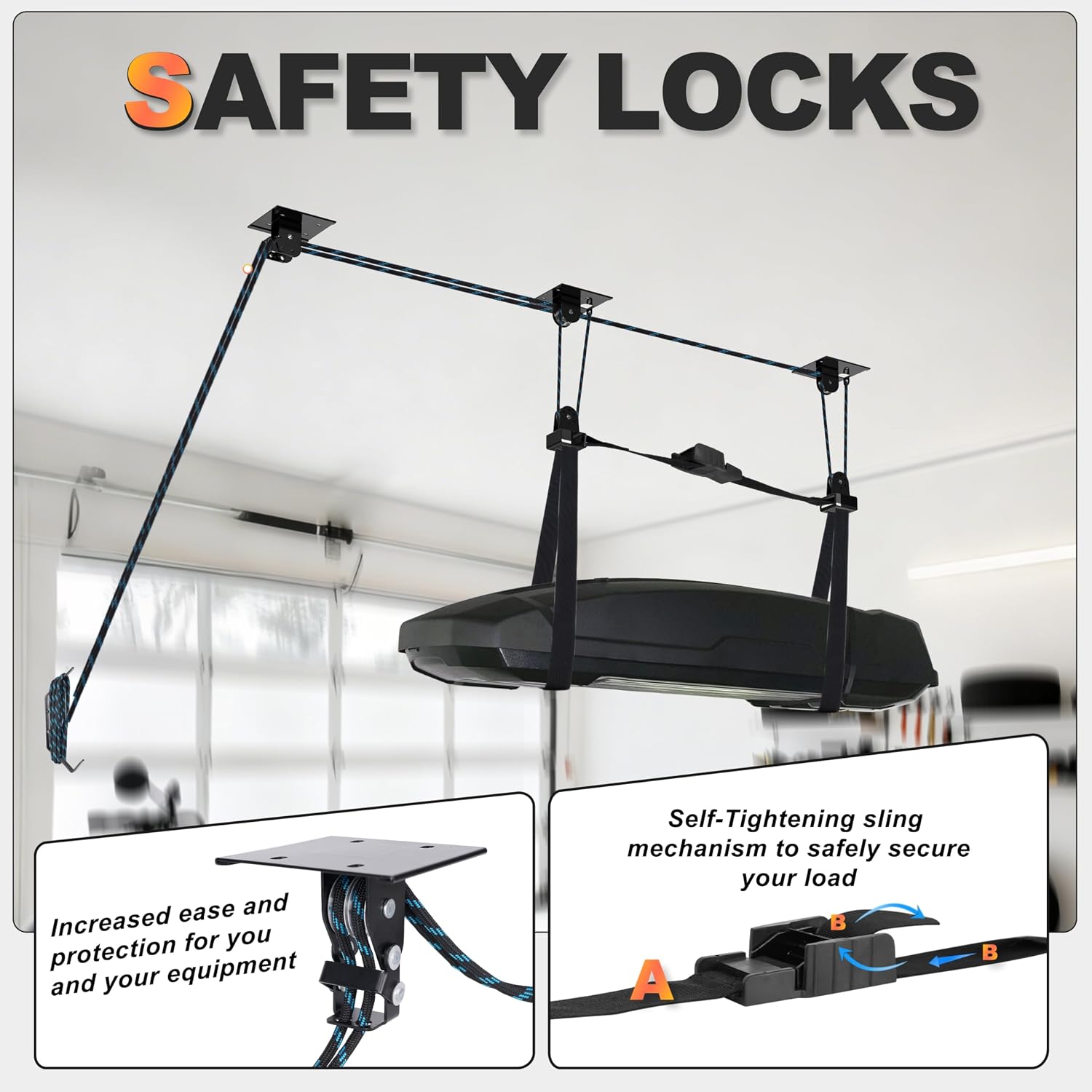 Hikeen Ceiling Hoist for Cargo Box, Heavy Duty Garage Storage Lift Pulley System Holds Up to 150 lbs Capacity, Fits 10-14 Foot Tall Garage Ceilings