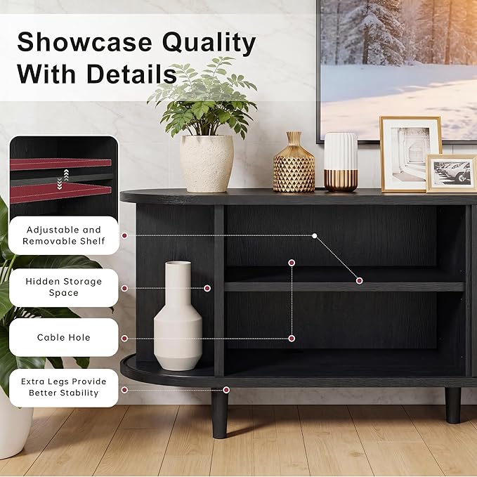 58" Mid Century Modern TV Stand, Wood TV Consoles with Sliding Doors and Power Outlet, Fluted Entertainment Center with Adjustable Shelves, Media Console for Living Room, Black