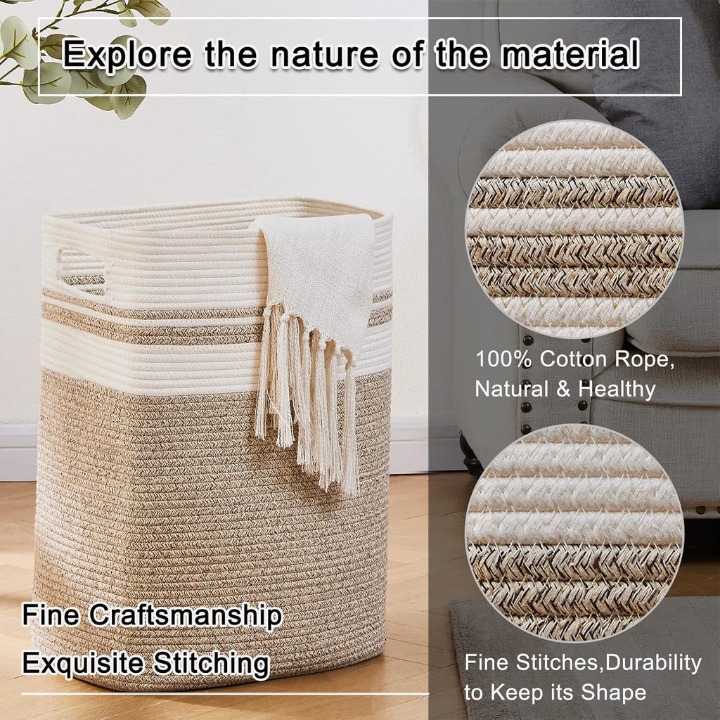 OIAHOMY Laundry Hamper-Laundry Basket,Tall Cotton Storage Basket with Handles,Decorative Blanket Basket for Living room,Collapsible Large Basket for Toys,Pillows,Clothes-16x13x22in-Yellow variegated