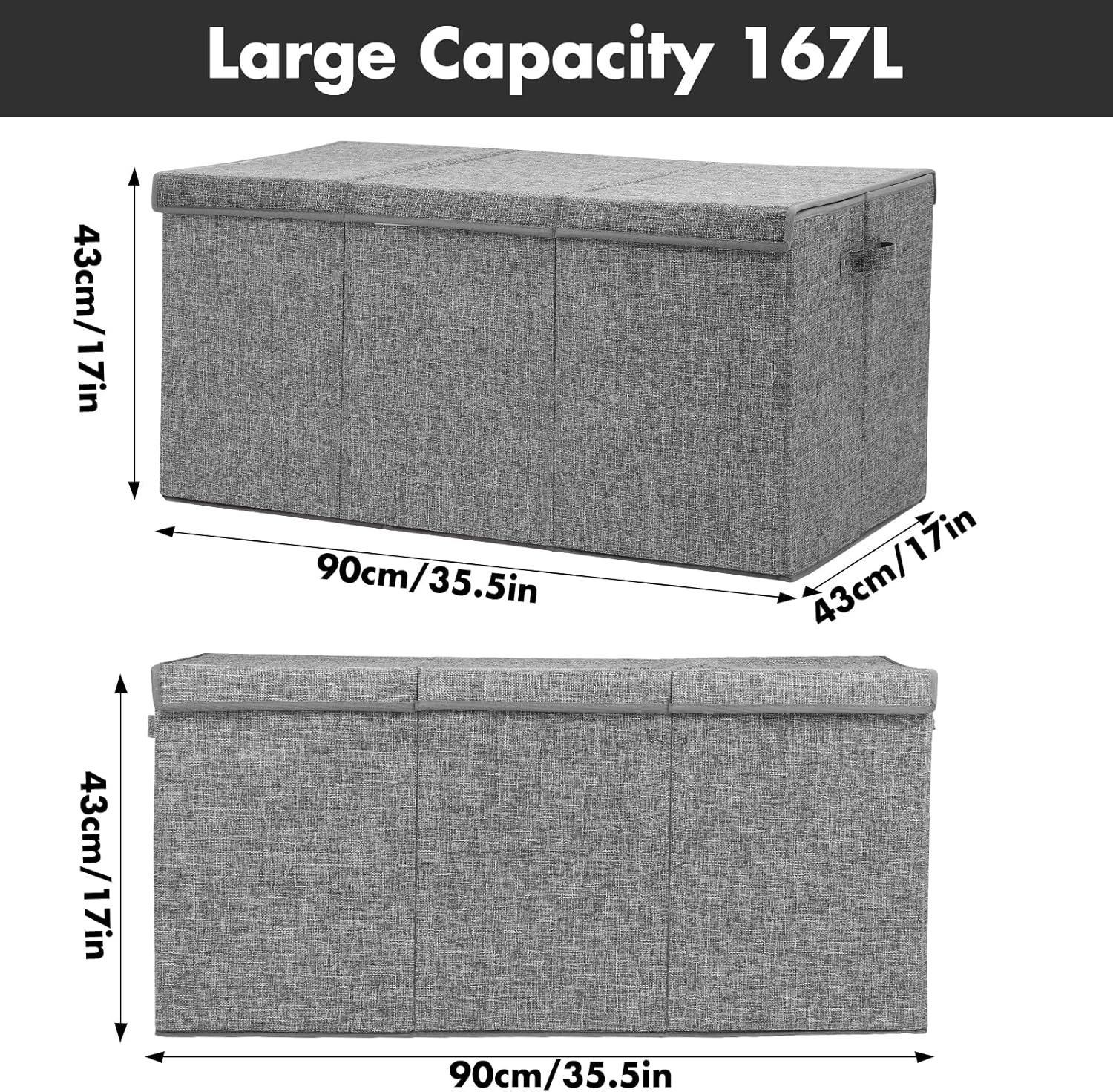 Extra Large Toy Box 167L, Sturdy Toy Storage Chest Organizer Bin Baskets with 2 Removable Divider for Boys, Girls, Kids, Nursery, Bedroom, Playroom, 35.5"x17" x17"(Linen Gray)