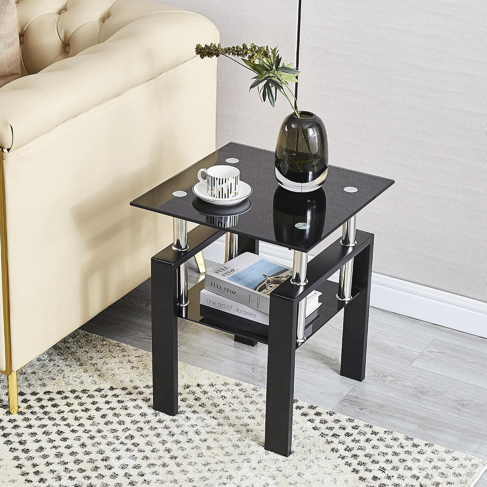 Glass Coffee Table Set of 3, Modern Black Living Room Tables, Coffee and End ...