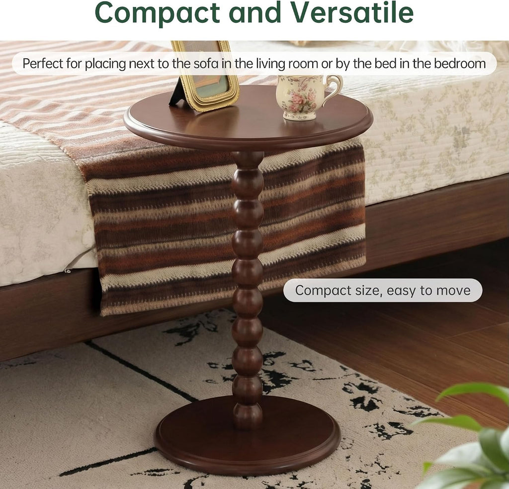 Pedestal Side Table, Small Round Side Table for Small Spaces, Drink Table with 100% Solid Wood Leg, Round Coffee End Table for Living Room, Bedroom, Corners, and Office (Poplar Wood, Walnut)