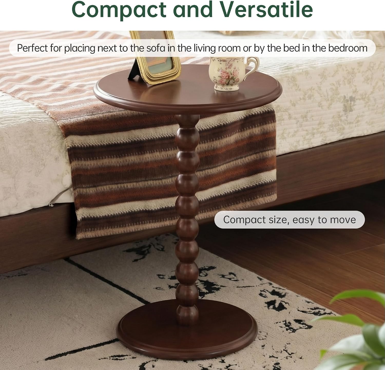 Pedestal Side Table, Small Round Side Table for Small Spaces, Drink Table with 100% Solid Wood Leg, Round Coffee End Table for Living Room, Bedroom, Corners, and Office (Poplar Wood, Walnut)