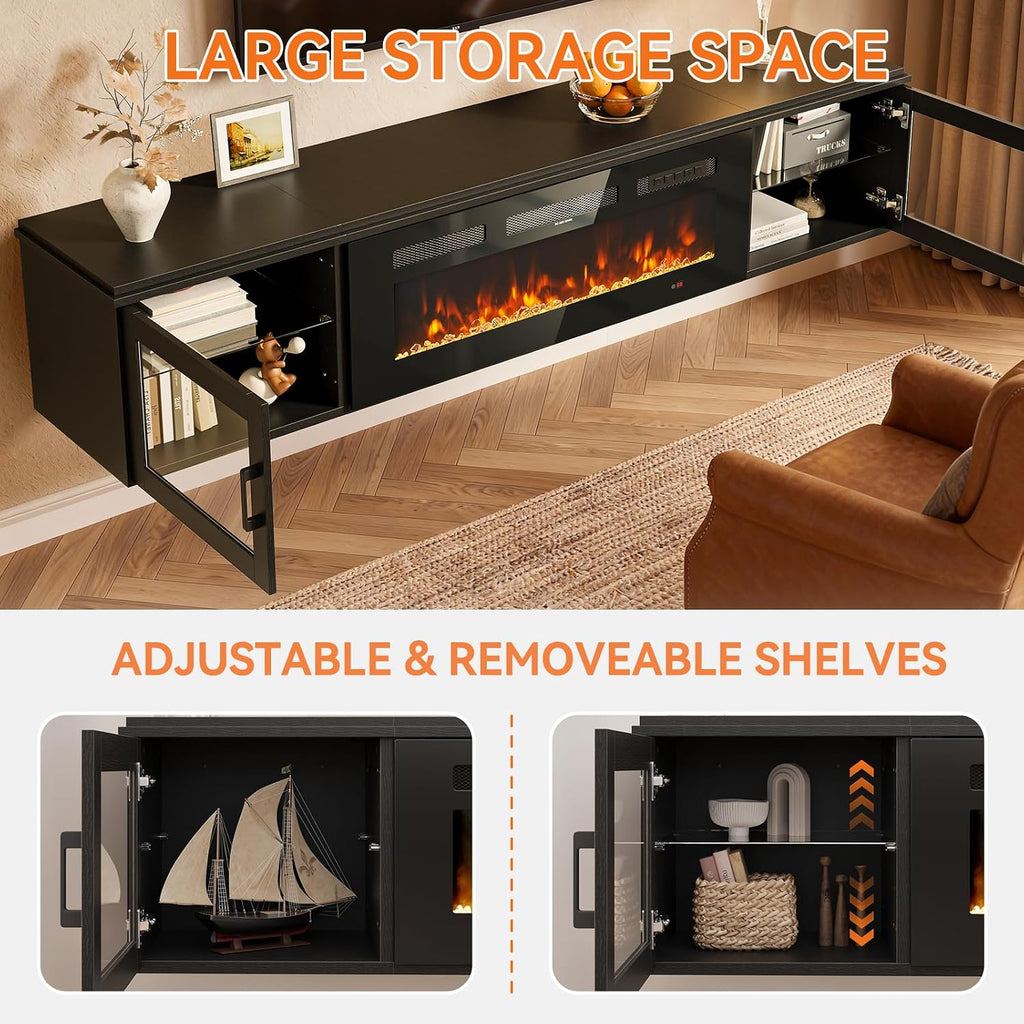 70" Floating TV Stand with 36" Electric Fireplace, Wall Mounted Fireplace Entertainment Center with Storage for TVs Up to 80",WI-FI Enable Fireplace TV Stand for Living Room,Black&Black