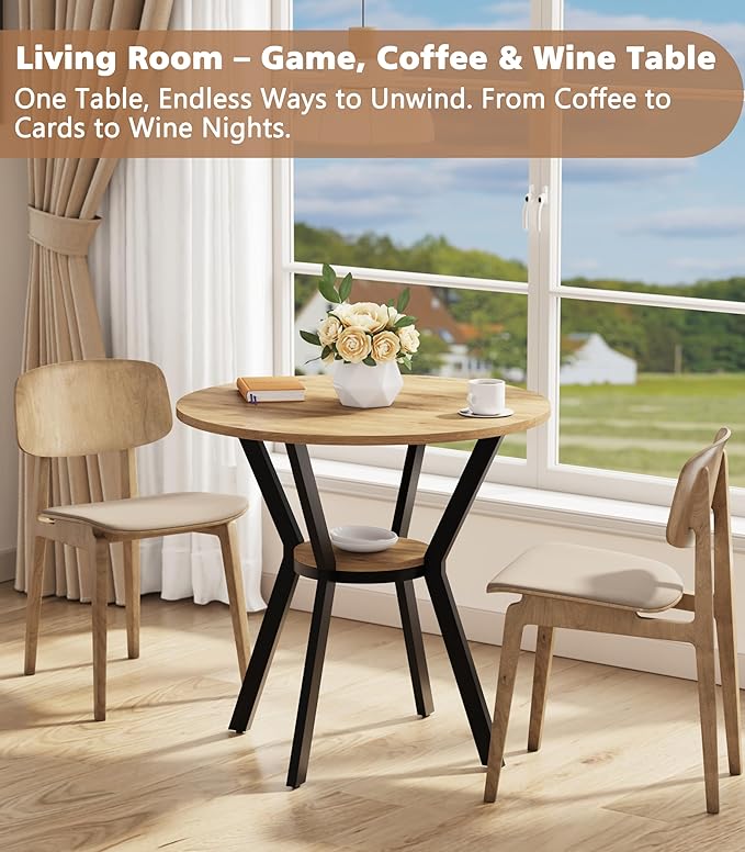 Round Kitchen Tables for 2-4, 31.5" Small Dining Tables with Storage, Ru...