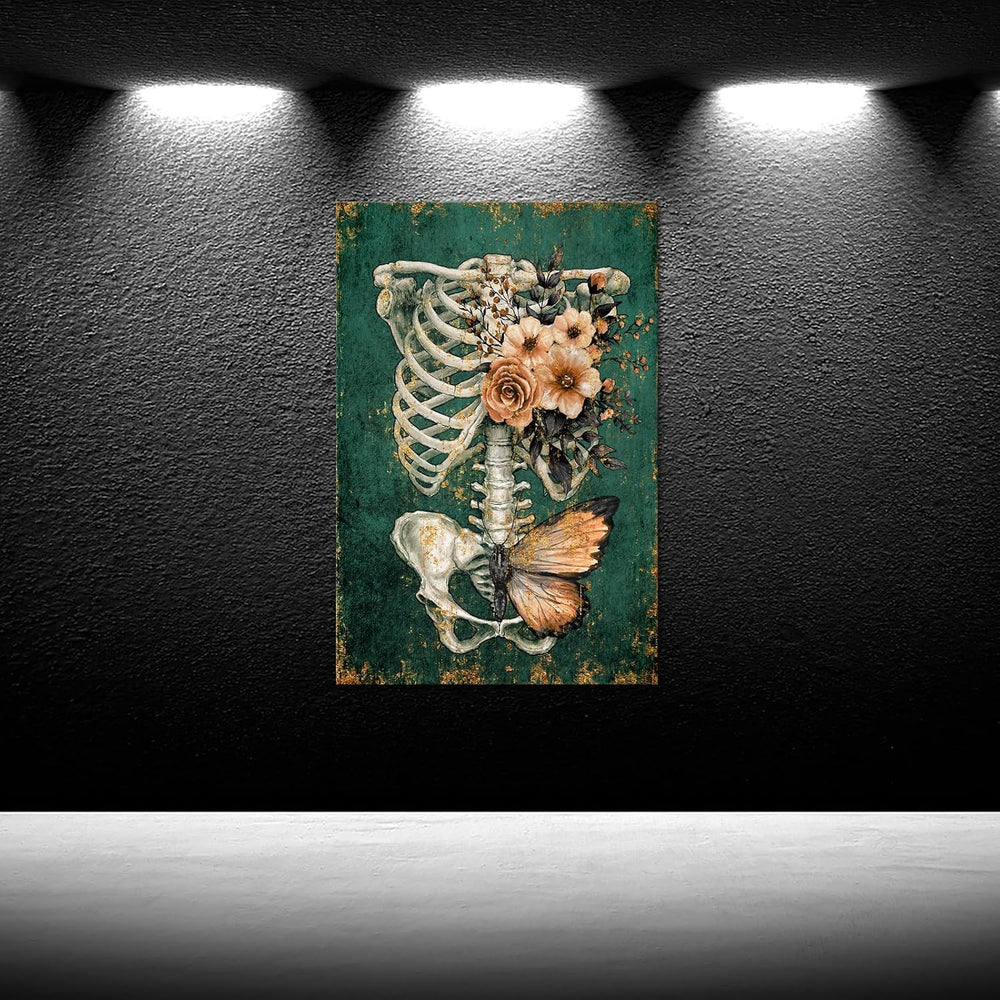 iKNOW FOTO Vintage Human Skull Canvas Wall Art, Floral Butterfly Skeleton Ana...