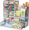 Marbrasse Mesh Pen Holder for Desk, Pen Organizer with Drawer, Multi-Functional Pencil Organizer, Desk Organizers and Accessories for Office Art Supplies (Silver)