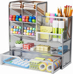 Marbrasse Mesh Pen Holder for Desk, Pen Organizer with Drawer, Multi-Functional Pencil Organizer, Desk Organizers and Accessories for Office Art Supplies (Silver)