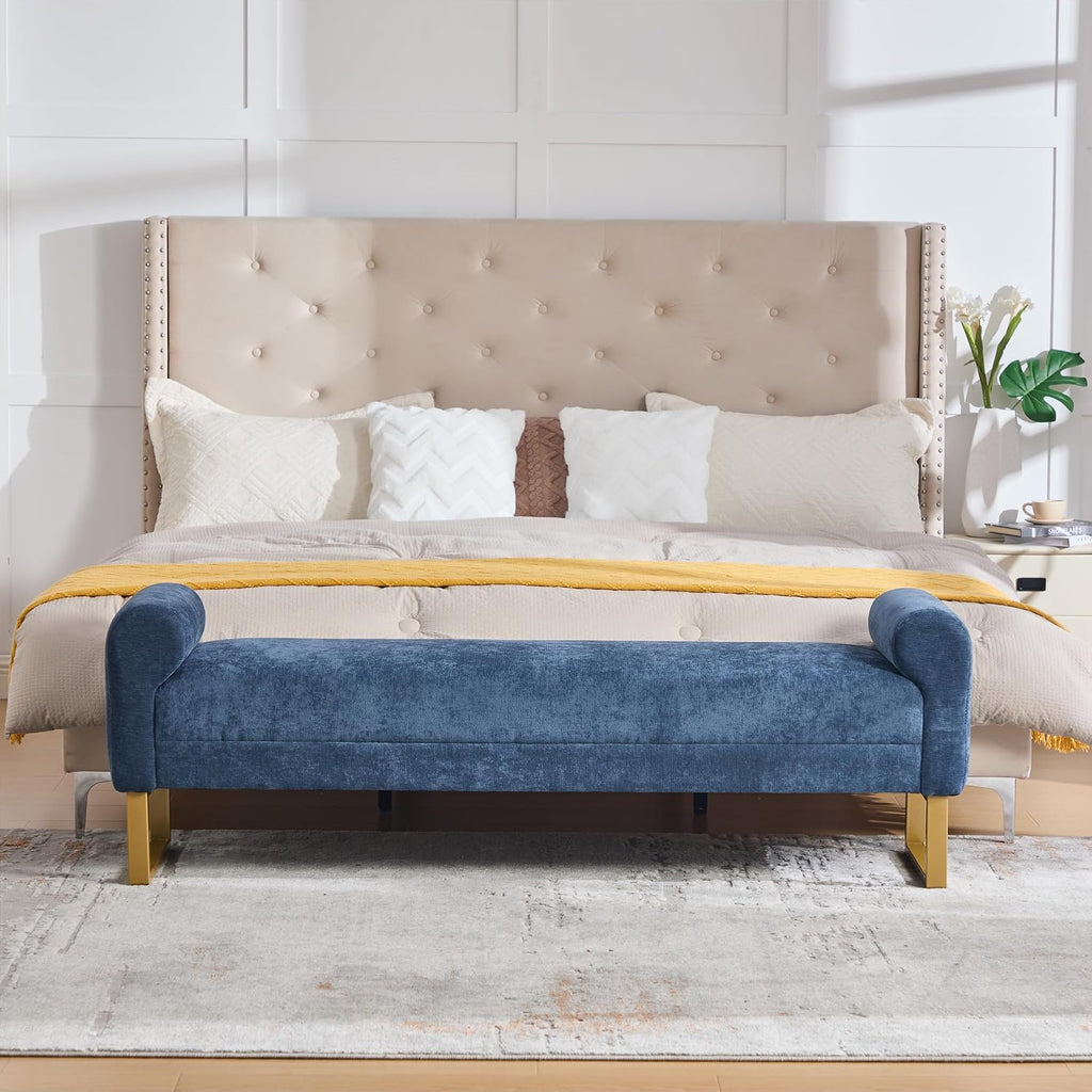 65.75" Storage Ottoman Bench, End of Bed Bench for Bedroom | Hidden Storage, Gold Metal Legs, Chenille Upholstered Seat And Modern Design For Living Room, Entryway Or Window Seating