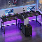 T-Shaped 2 Person Desk with Power Outlet, Long Two Person Gaming Table with LED & Fabric Drawers, 81.2'' Computer Desks with File Cabinet, Double Workstation for Home Office, Black