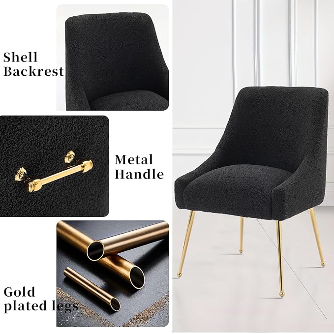 Modern Velvet Dining Chairs Set of 2, Contemporary Upholstered Furniture Collection with Polished Gold Metal Legs, Elegant Accent Chairs for Kitchen Living Room(Teddy Fleece,Black)
