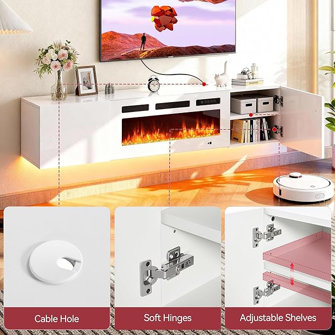 MXV 70'' Floating TV Stand, Modern Media Entertainment Center with 36" Electric Fireplace, TV Console Cabinet Wall Mounted, Adjustable 12-Color LED Lights, for Living Room, White + White
