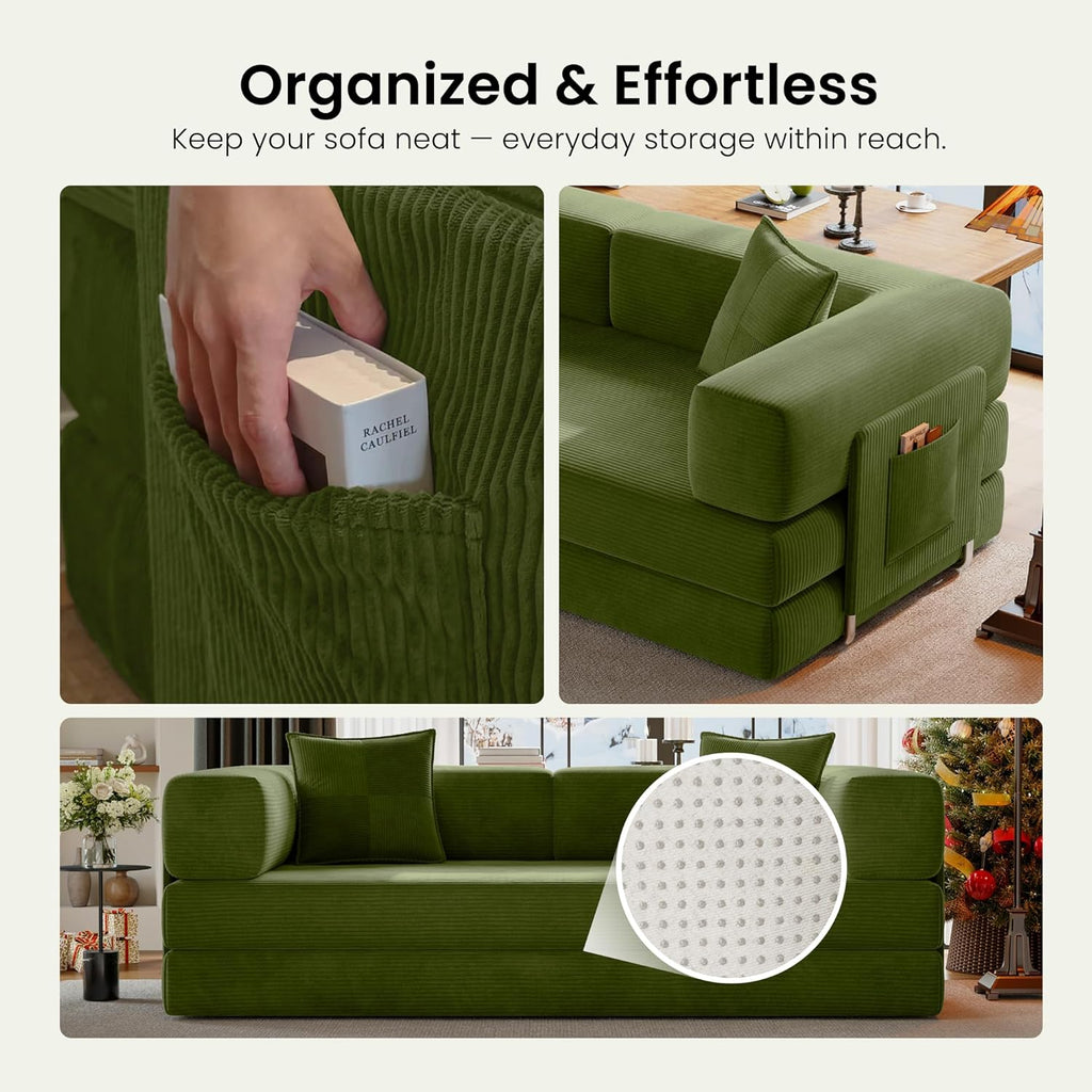 78.8" Convertible Sofa Bed,Corduroy Futon Couch with Storage Pocket,Folding Pull Out Futon Sofa,No Assembly Boneless Couch for Living Room,Green