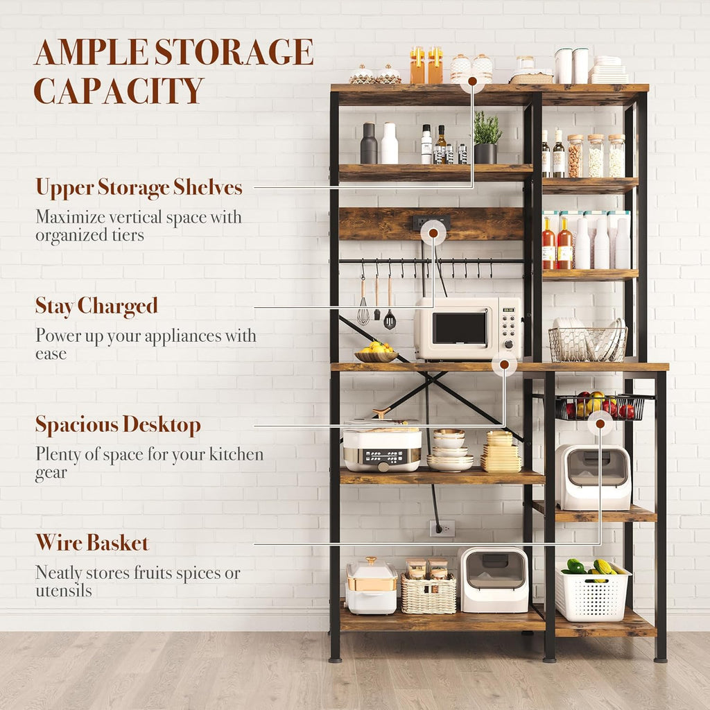 GRUSIGN Kitchen Bakers Rack with Storage, 6-Tier Coffee Bar Station with Power Outlet, Microwave Stand with 12 S-Shaped Hooks, Open Kitchen Storage Shelves for Spices, Pots and Pans, Rustic Brown