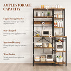 GRUSIGN Kitchen Bakers Rack with Storage, 6-Tier Coffee Bar Station with Power Outlet, Microwave Stand with 12 S-Shaped Hooks, Open Kitchen Storage Shelves for Spices, Pots and Pans, Rustic Brown