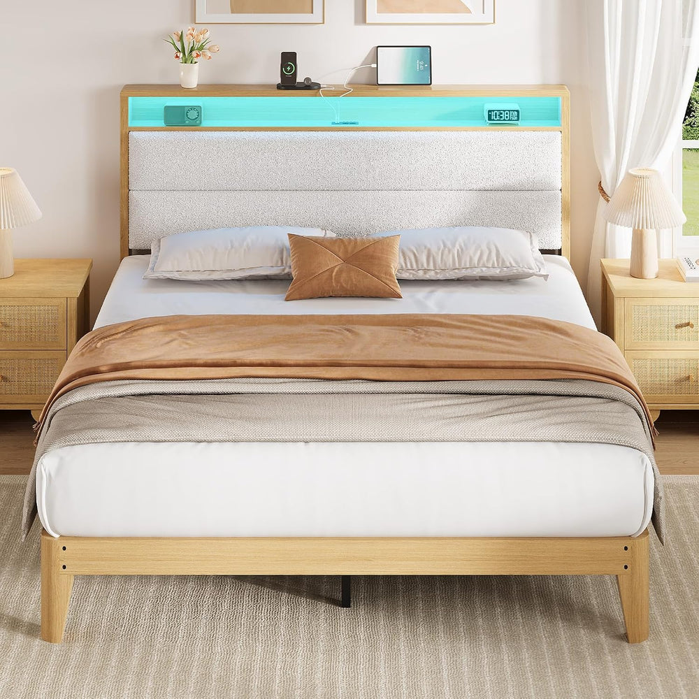 Patikuin LED Lighting & Storage Headboard Boucle Platform Bed Frame – Que...