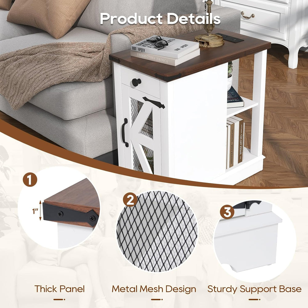 SUNSITT Side Table with Charging Station, Farmhouse End Tables with Back Stor...