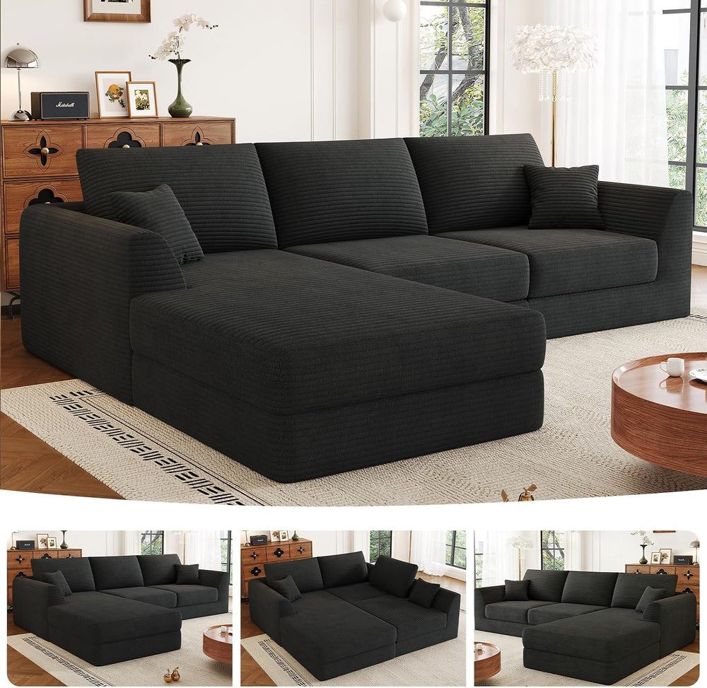 106" Modular Sectional Sofa with Deep Seat, L-Shaped Corduroy Couch with...