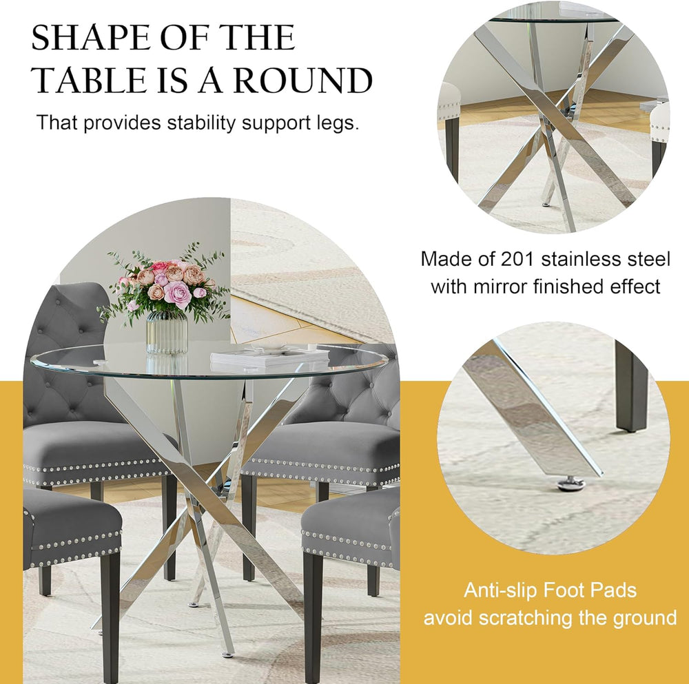Round Glass Dining Table Set for 4, Modern 36 Inch Glass Kitchen Table with S...