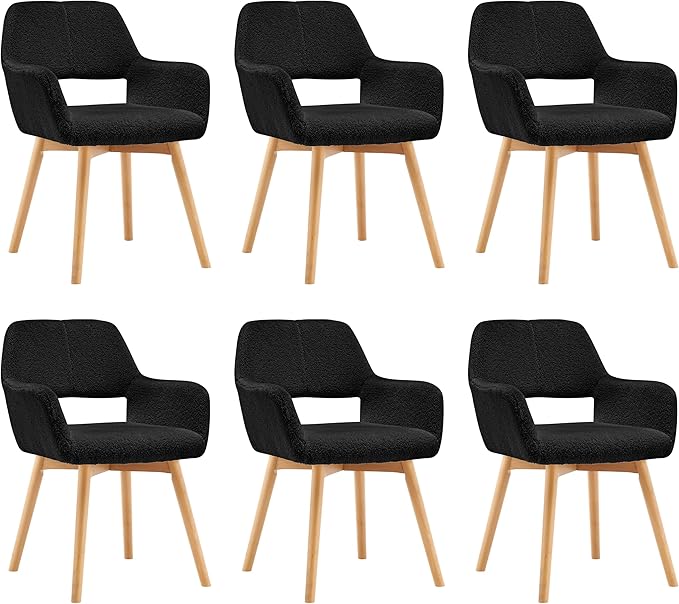 Mid Century Modern Dining Chairs Set of 6 & 4 & 2 Comfy Accent Chair Upholstered Kitchen Dining Living Room Chairs for Bedrooms Waiting Room Home Arm Desk Chair No Wheels (Wool Black, 6)