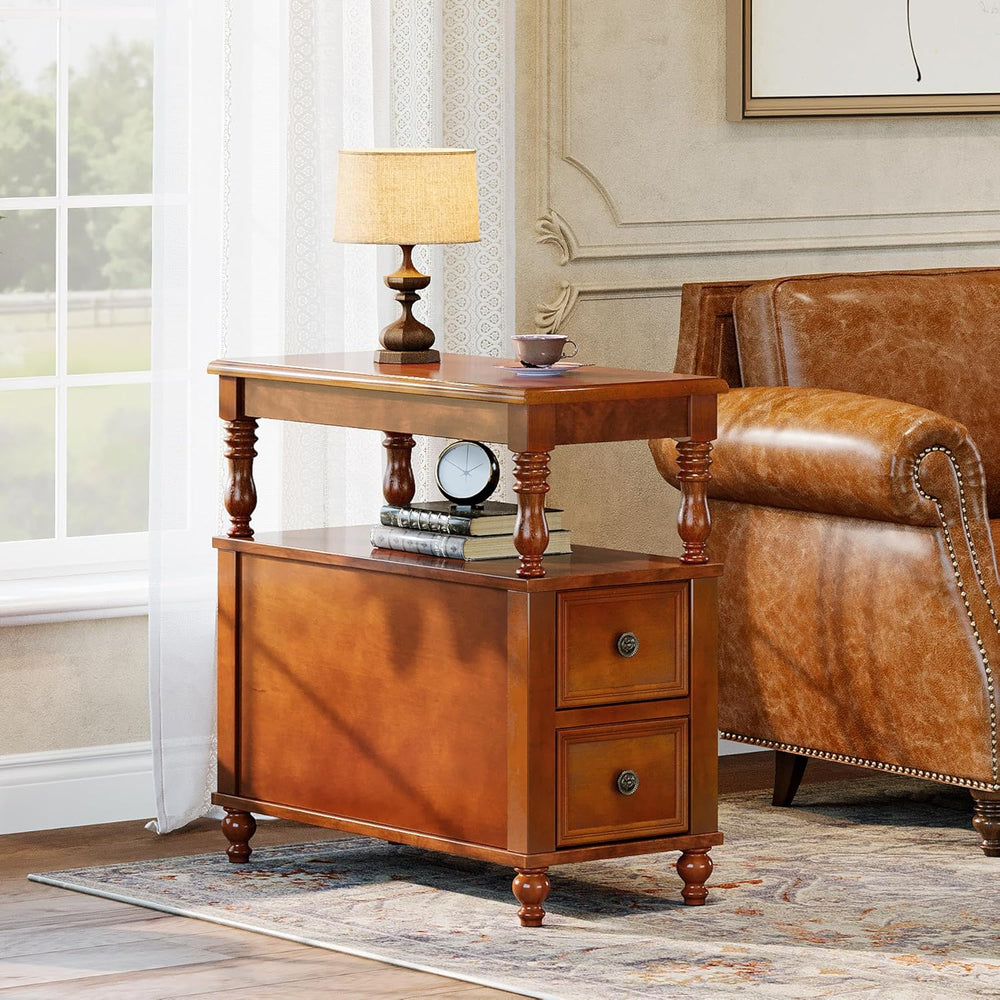 Tribesigns Cherry Finish Wood End Table with 2 Drawers, Mid-Century Wooden Sl...