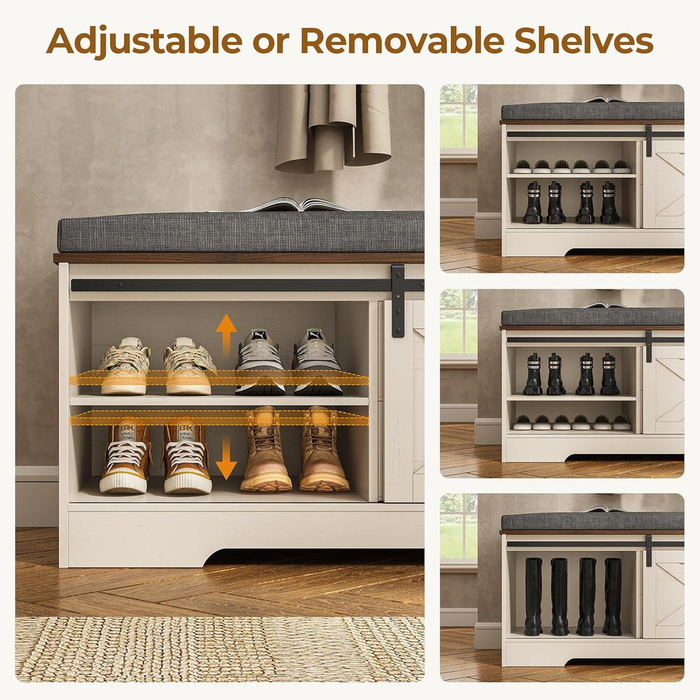 UPOSOJA 60“ Farmhouse Storage Bench with Cushion, Shoe Rack with Slide Barn D...