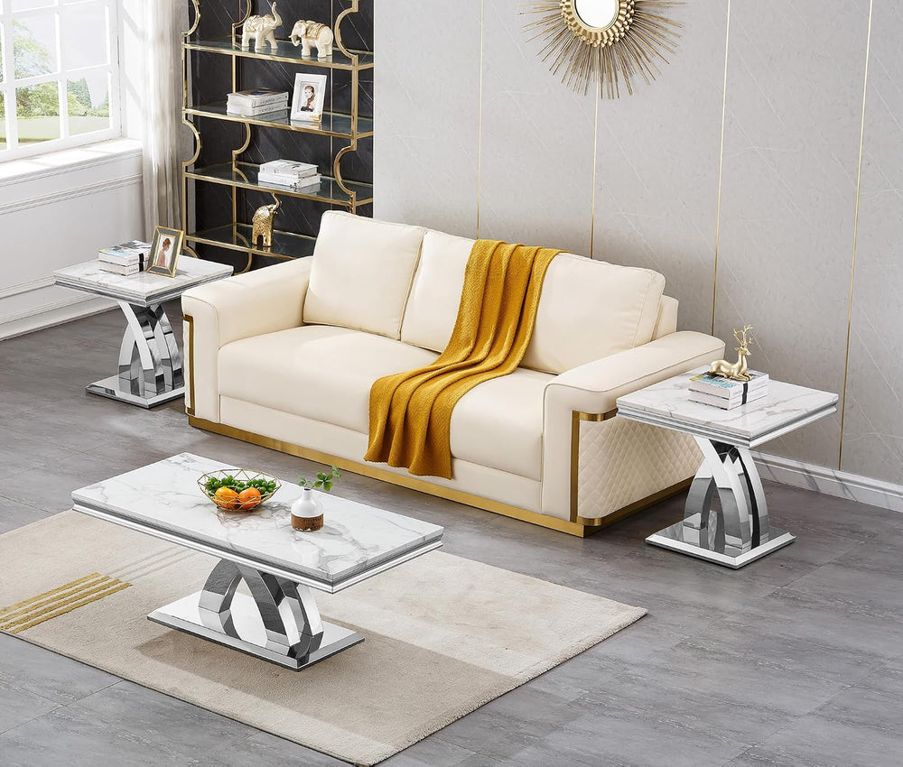 Modern Elegant 2-Piece Living Room Table Set with Faux Marble Top | Includes ...
