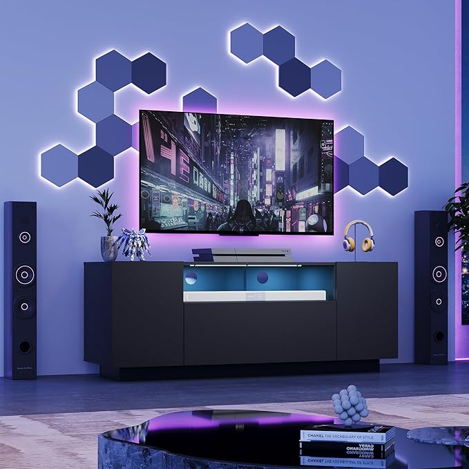 WLIVE TV Stand with LED Lights & Large Storage Cabinet, Modern Entertainment Center for 32/43/50/55 Inchs TVs, Sturdy Media Console for Living Room, Bedroom,Gaming(Black)