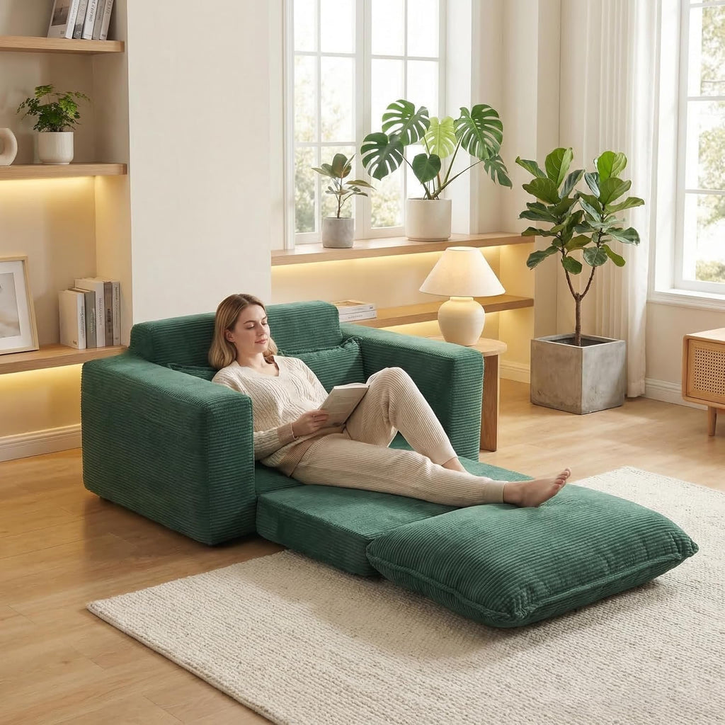58" Sofa Bed with Ottoman, 3 in 1 Convertible Sofa Bed Folding Corduroy Boneless Sleeper Loveseat Mattress Futon Pull Out Couch Bed for Apartment Bedroom Living Room No Assembly 58-Green-L
