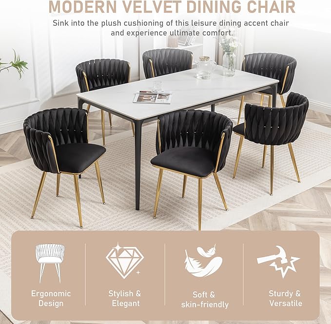 Kiztir Black Velvet Dining Chairs Set of 6, Upholstered Dining Room Chairs with Gold Metal Legs, Modern Dining Chairs with Woven Back for Living Room, Bedroom, Kitchen