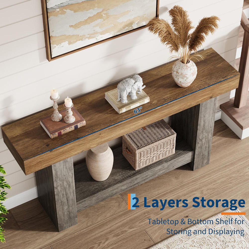 Garvee 63" Farmhouse 2-Tier Console Table for Entryway, Brown and Grey |...