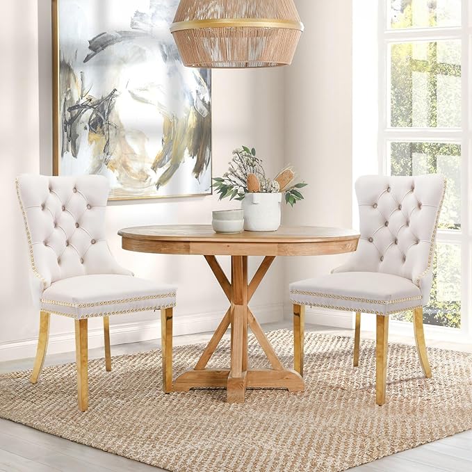 Velvet Upholstered Dining Chairs Set of 2, Modern Style Kitchen Side Chairs with Nailhead Trim and Gold Plated Leg, Metal Pulling Ring for Dining Room Living Room(Beige-Gold Plated Leg)
