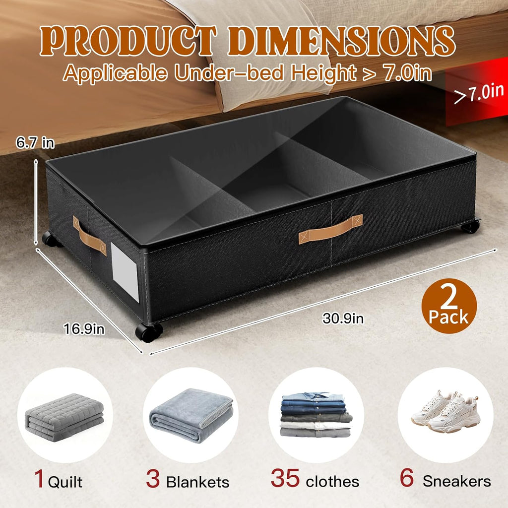 Under Bed Storage with Wheels, Rolling Under Bed Storage Containers with Clear Lid and Handles for Clothes, Shoes, Blankets, Pillows, Toys, Books, Bags (60L, 30.9 x 16.9 x 6.7in, Black, 2 Pack)