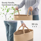 62L Striped Laundry Hamper with Leather Handles,Large Foldable Laundry Basket for Clothes,Cotton Rope Storage Bin for Blankets,Woven Clothes Basket for Bedroom,Dark Brown Stripes