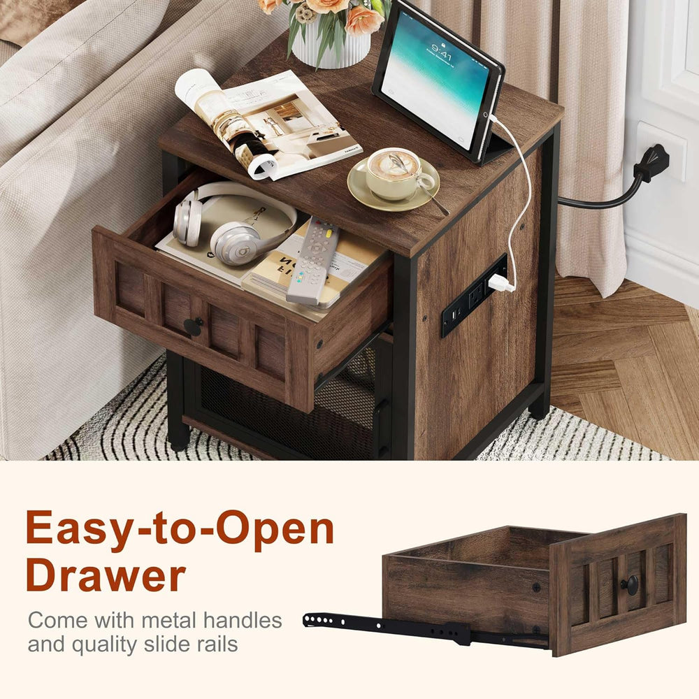 FATORRI End Table with Charging Station, Farmhouse Side Table with Drawer, Ru...