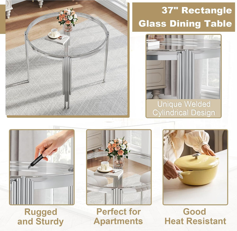 Luxury Round Glass Silver Dining Table Set for 4, 5-Piece Modern Kitchen Tabl...