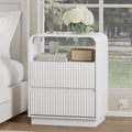 White Nightstand with Charging Station, Mid Century Modern Bedside Table & End Table, Fluted Wood Small Night Stand with 2 Hidden Drawers and Storage Shelf for Bedroom