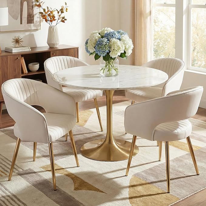Faux Leather Dining Chairs Gold Legs, Modern Cream PU Leather Dining Room Chairs with Arms Set of 4 Upholstered Accent Chair Armchair with Barrel Back for Kitchen Living Room