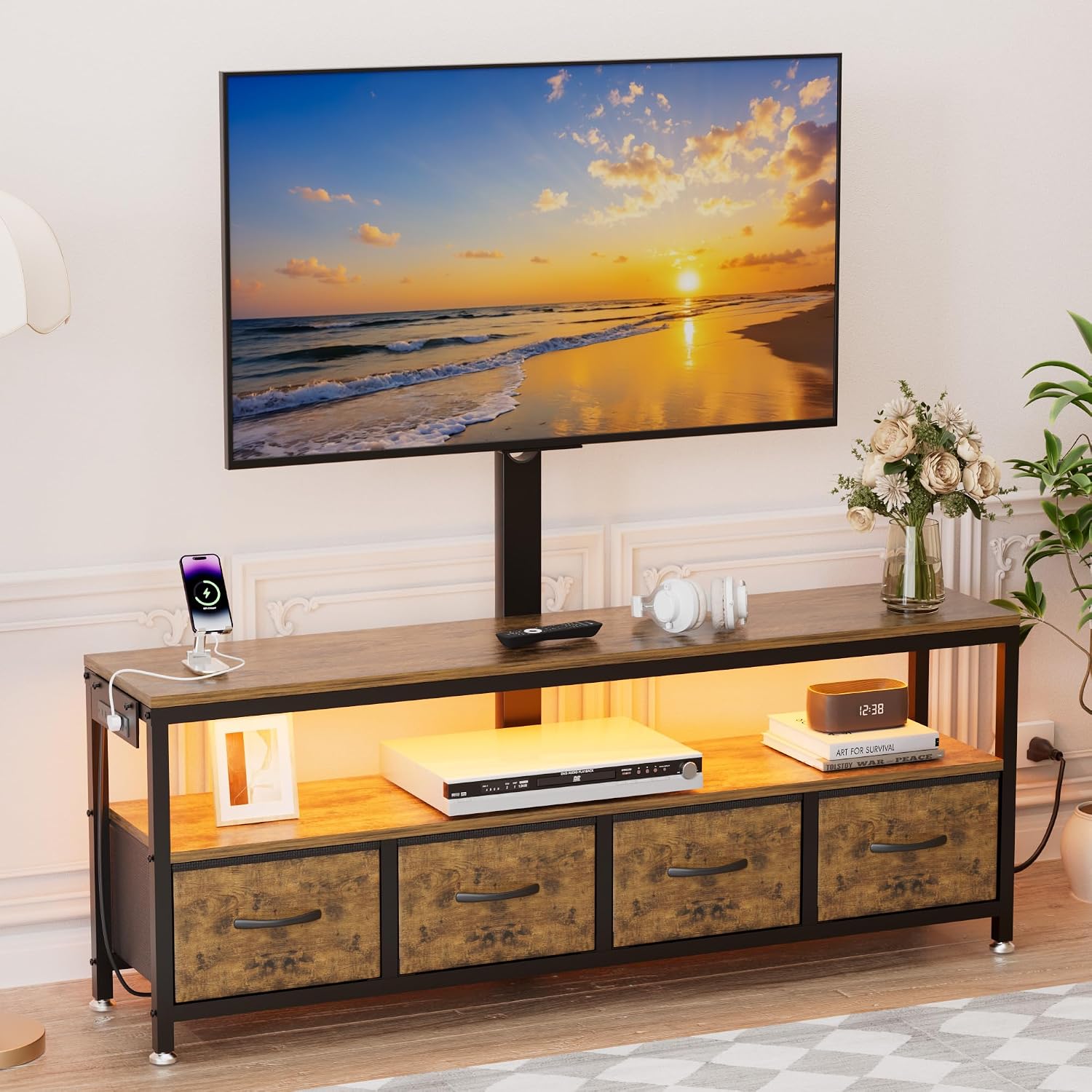 JUSTOGO TV Stand with Mount & Power Outlet for 32-70 Inch TVs, Rustic Brown | TV Console with Drawers & Led Lights, AC Outlets & USB Ports, For Living Room, Bedroom, Height Adjustable, Swivel TV Cabinet